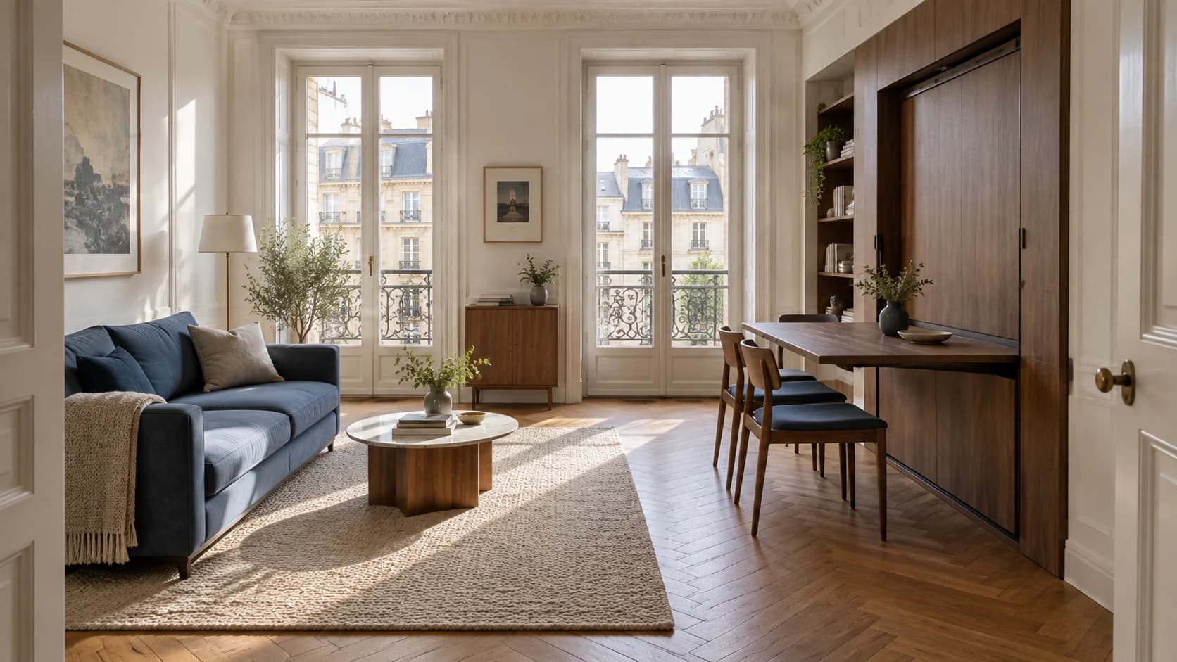 a compact apartment living room in a calm urban apartment with built-in storage, a wide eye-level view showing both room states with soft morning light