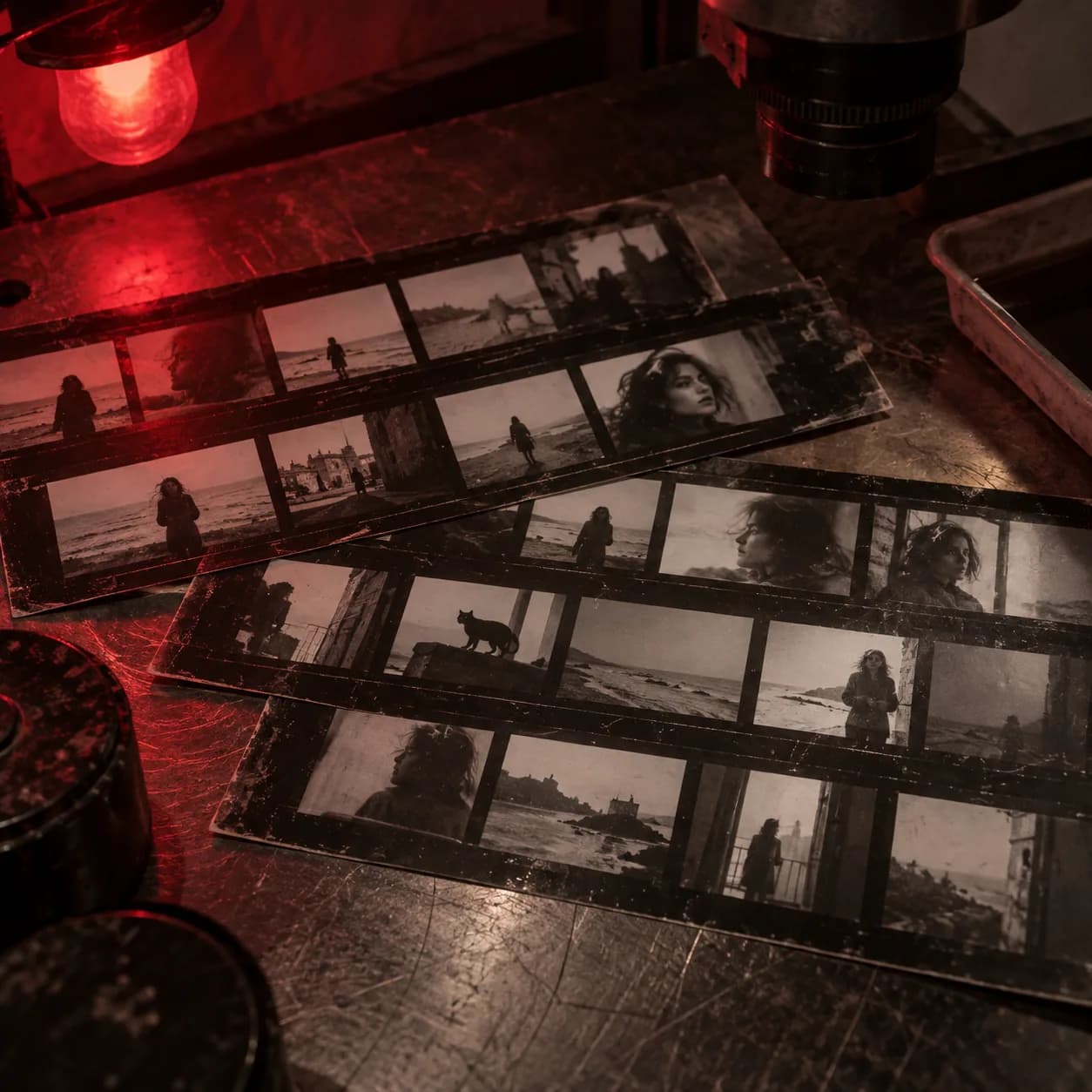 coastal storm photographs in silver gelatin contact sheets, a scratched enlarger table