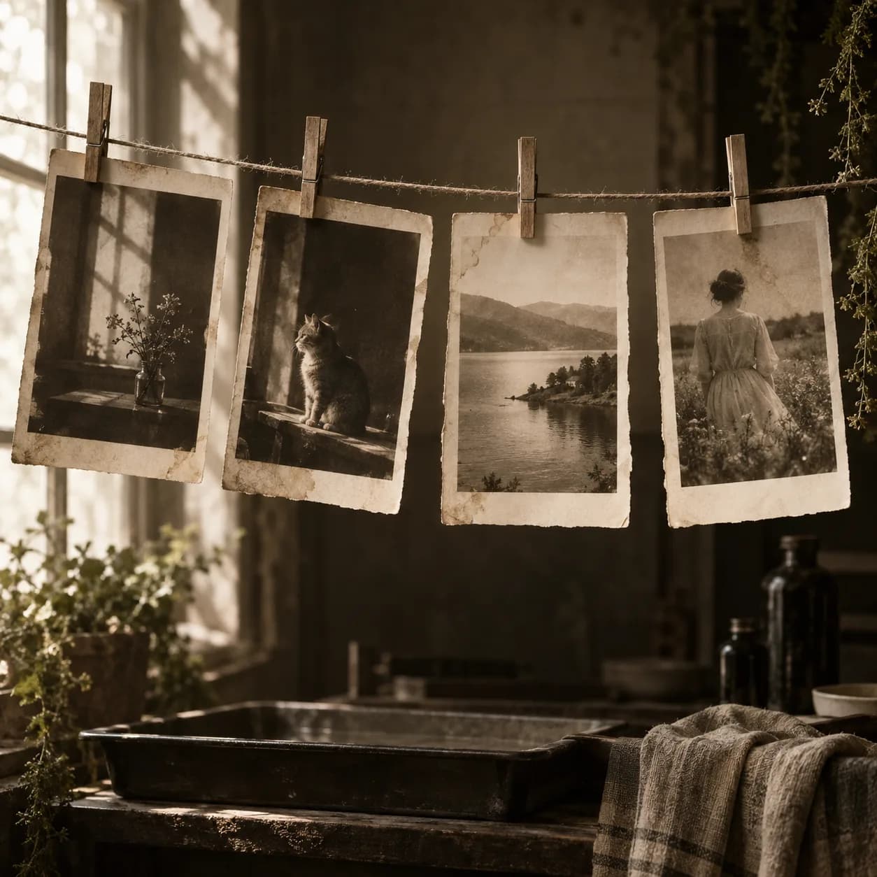 botanical exposure tests in contact prints with uneven borders, a linen drying line