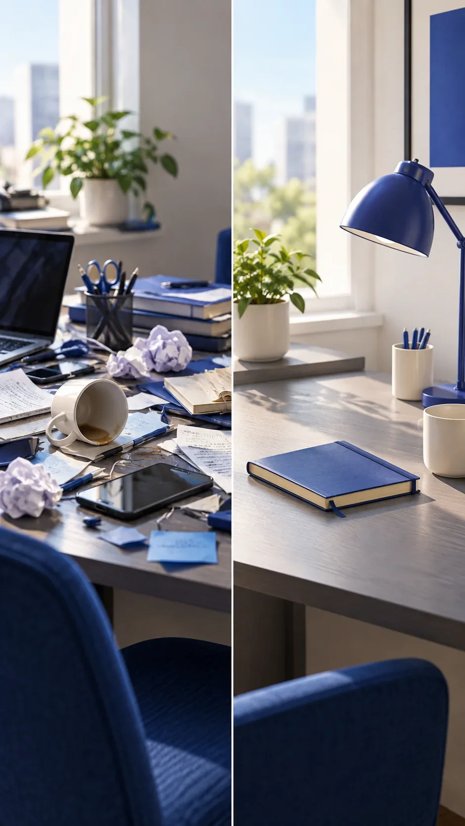 Vertical before-and-after craft desk transformation centered on a red-handled tool