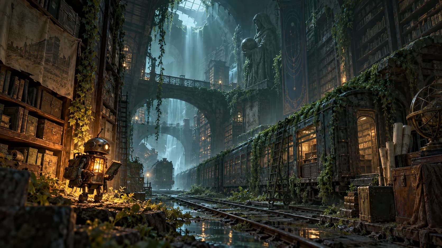 a young cartographer in a windproof cloak in a suspended canyon settlement connected by rope lifts, a wide keyframe with the character on a foreground ledge with sunrise through dust and cloud