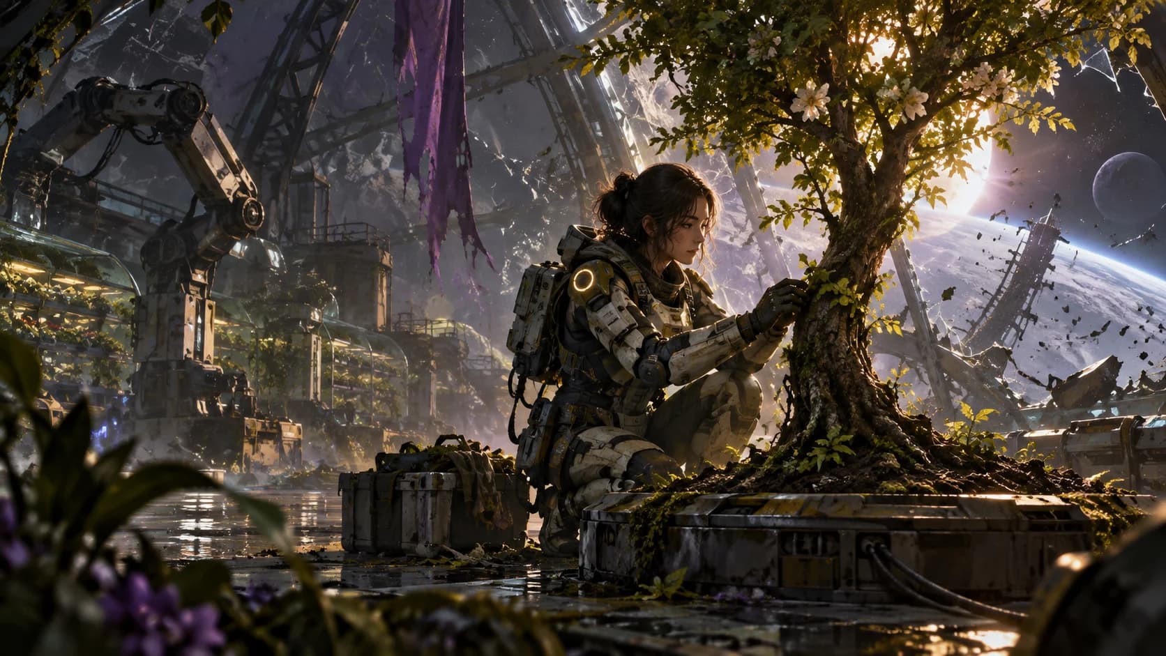 a quiet child engineer with a magnetic tool belt in a night market inside a colossal abandoned machine, a centered wide frame with the character small against the mechanism with bioluminescent light against deep shadow