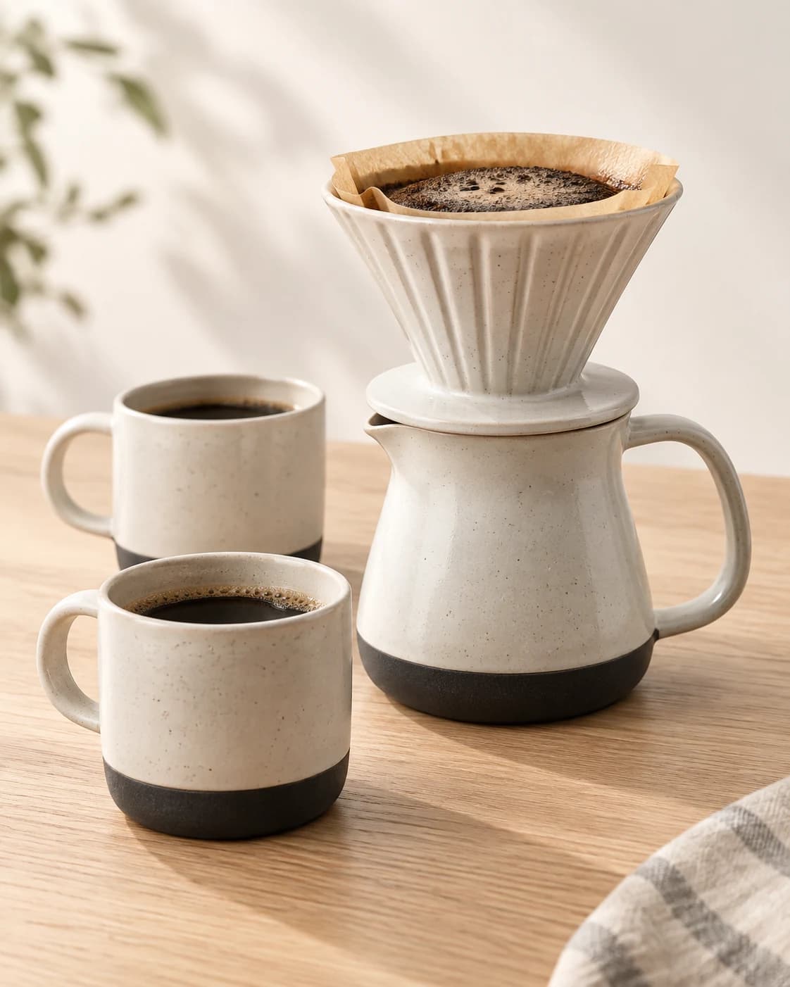 a ceramic pour-over coffee maker with two cups in a light oak tabletop, a three-quarter hero arrangement with soft morning window light