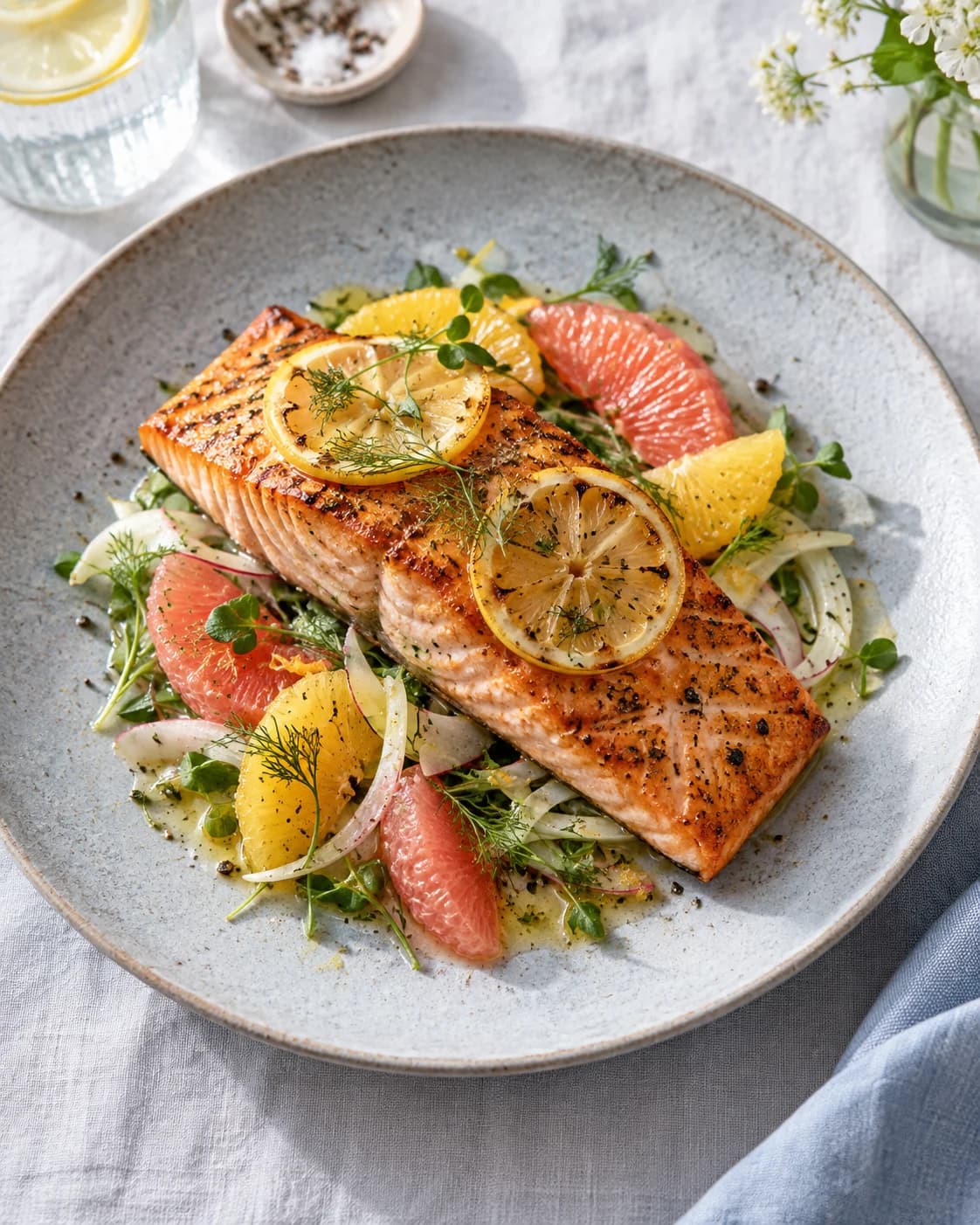 grilled salmon with citrus in a wide matte stone plate on a linen-covered table, a slightly overhead view with bright diffused daylight