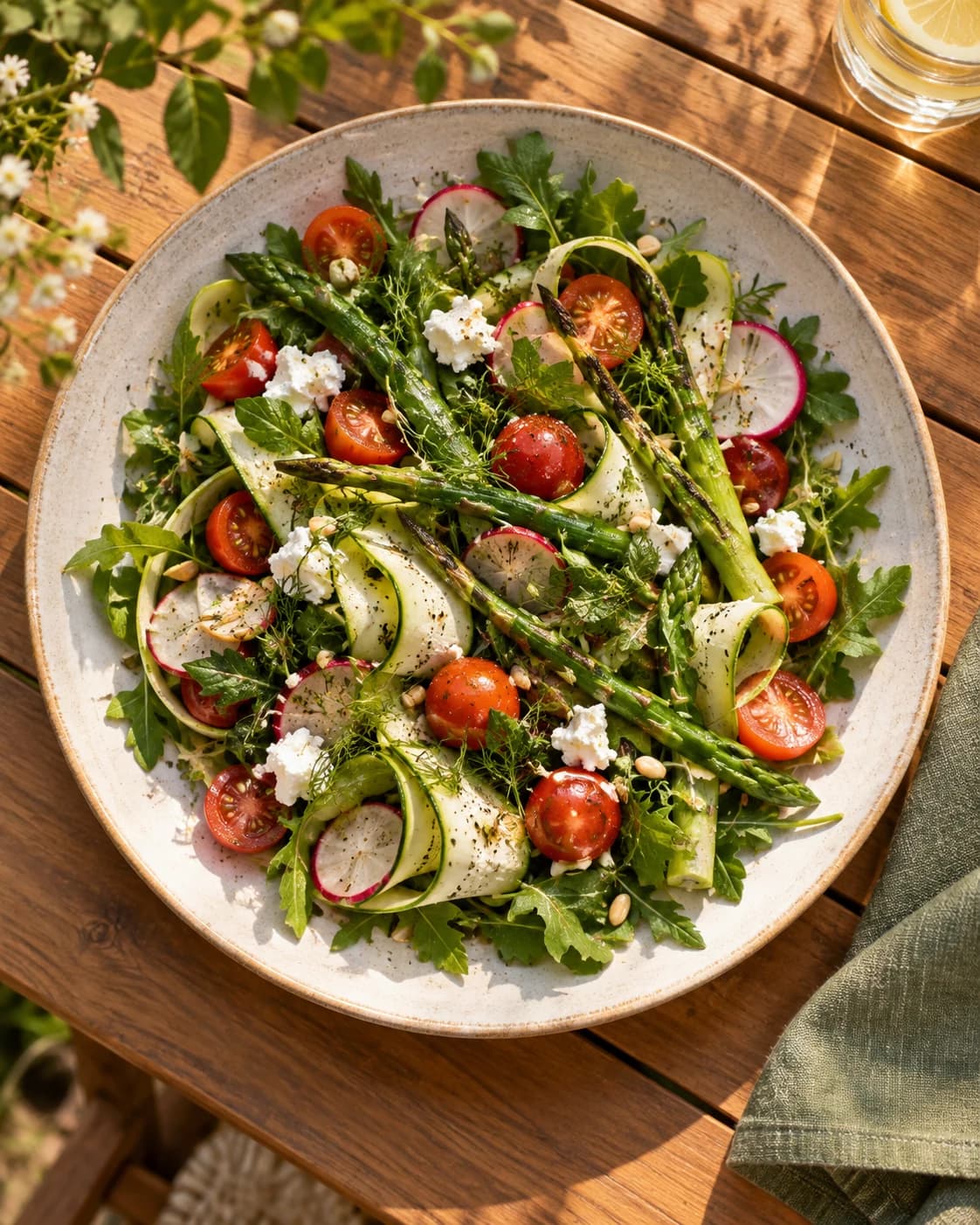 a seasonal vegetable salad in a shallow ceramic platter on a sunny outdoor table, an overhead editorial view with soft late-afternoon light