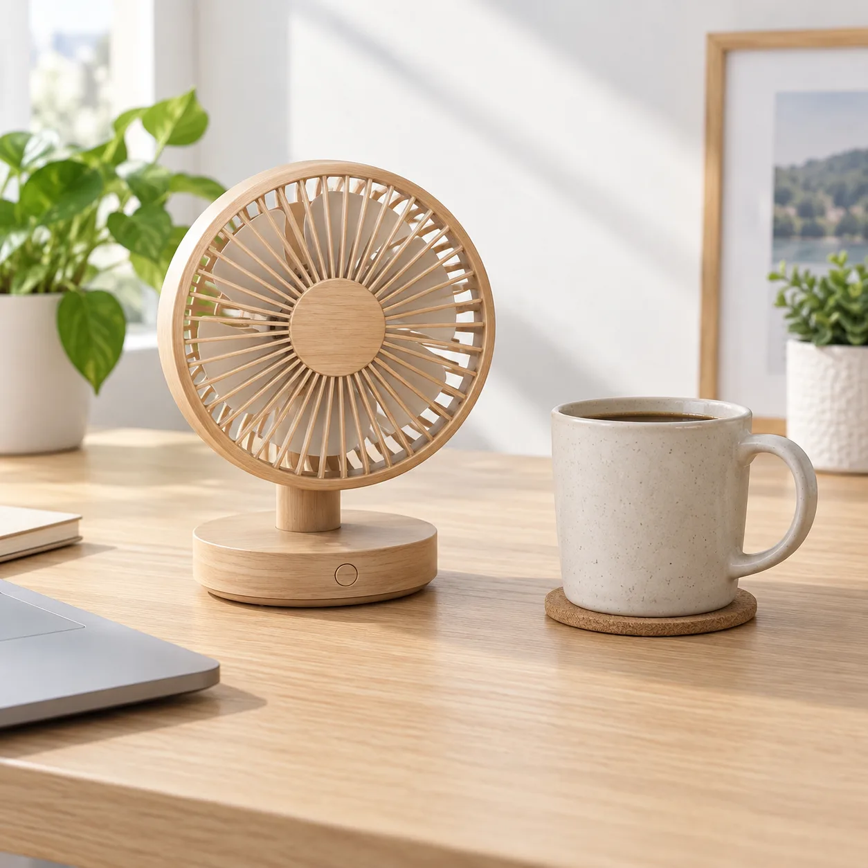 a compact desk fan in light oak, bright home office