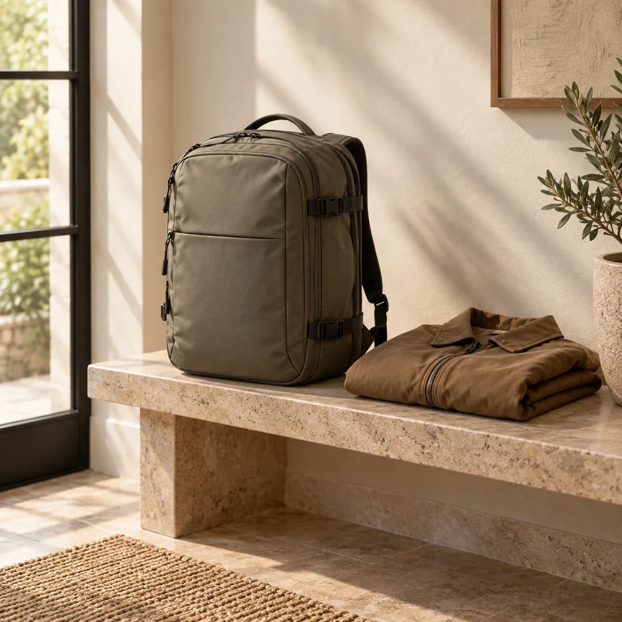 a travel backpack in warm stone, entryway bench