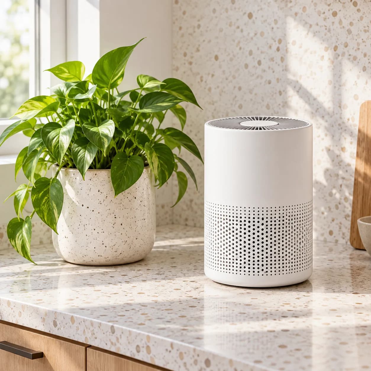 a countertop air purifier in pale terrazzo, quiet kitchen corner