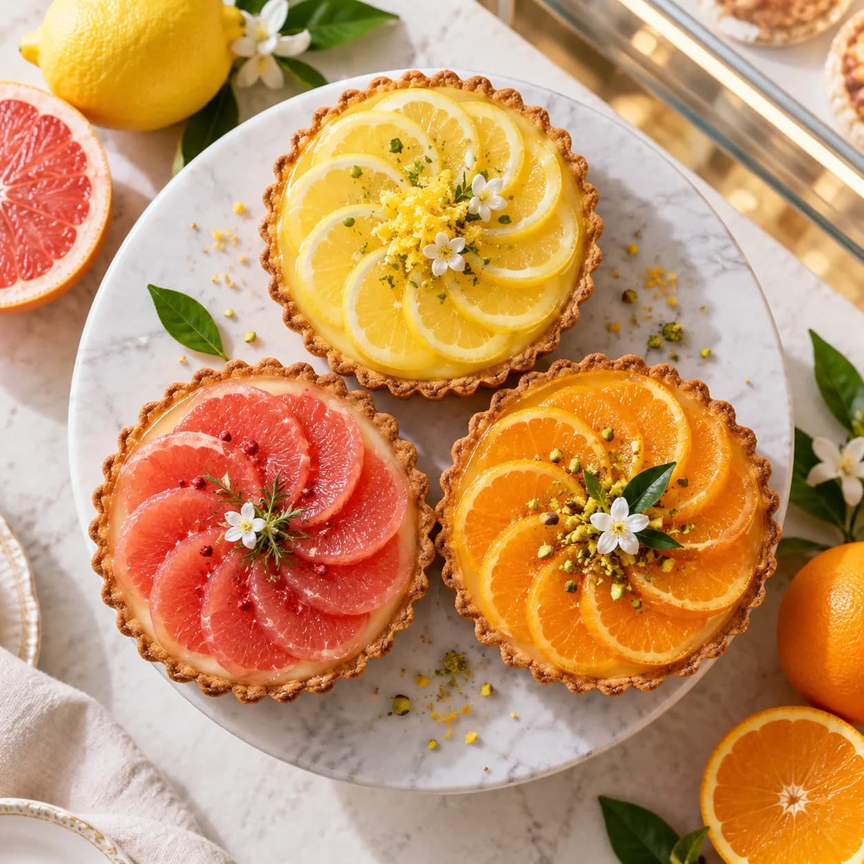 a trio of citrus tarts in three-color radial arrangement, pale stone