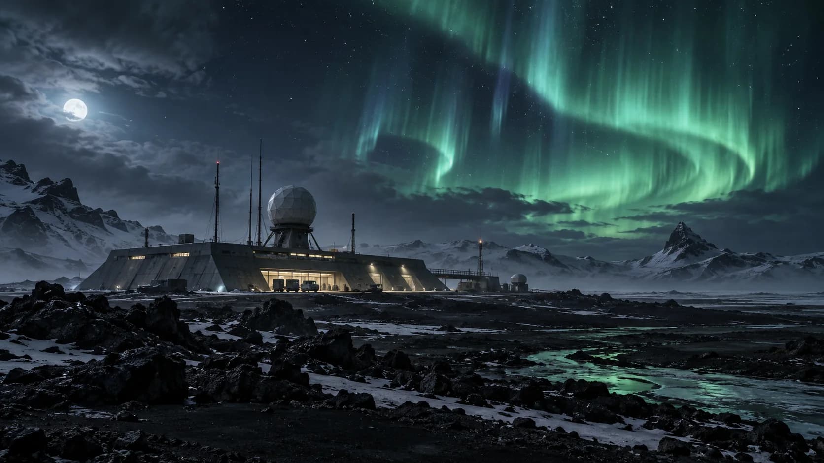 an ice-shelf aurora observatory; a black polar coast; magnetic aurora activity