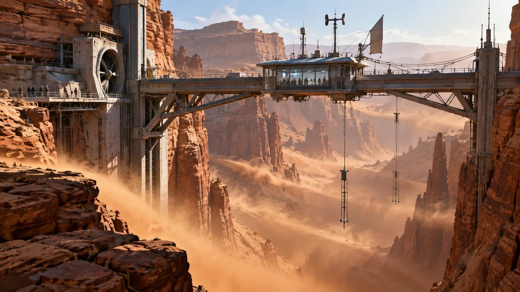 a suspended canyon wind lab; layered orange mesas; vertical thermal currents