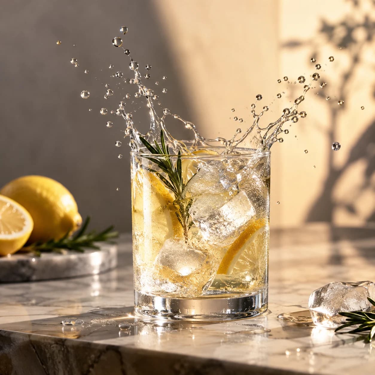 unbranded citrus tonic glass bottle in a dark slate surface, a close three-quarter hero with the bottle centered with crisp studio strobe with a clean rim highlight