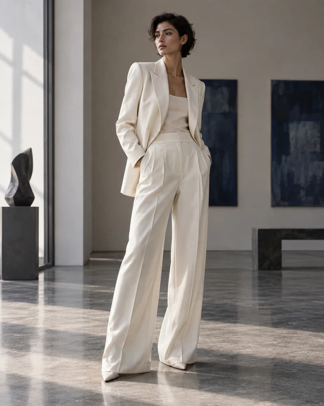 a woman with short dark hair in an ivory tailored suit in a quiet modern gallery, a confident full-body pose with soft window light