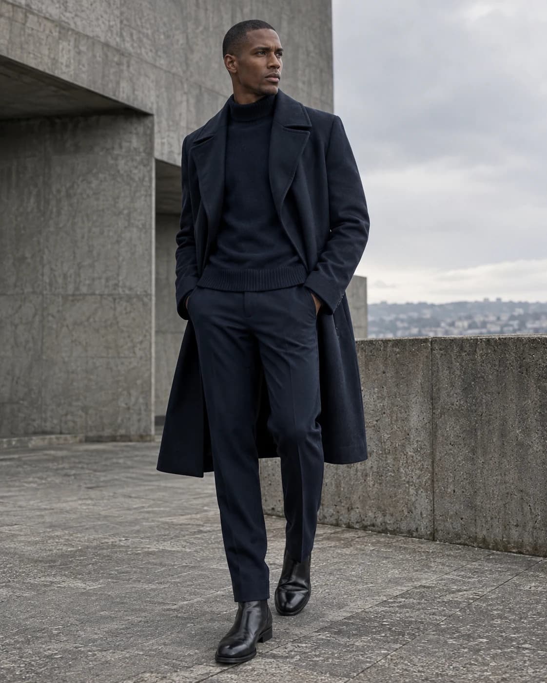 a man in a deep navy wool coat and tonal knitwear in a brutalist concrete terrace, a three-quarter standing pose with controlled overcast daylight