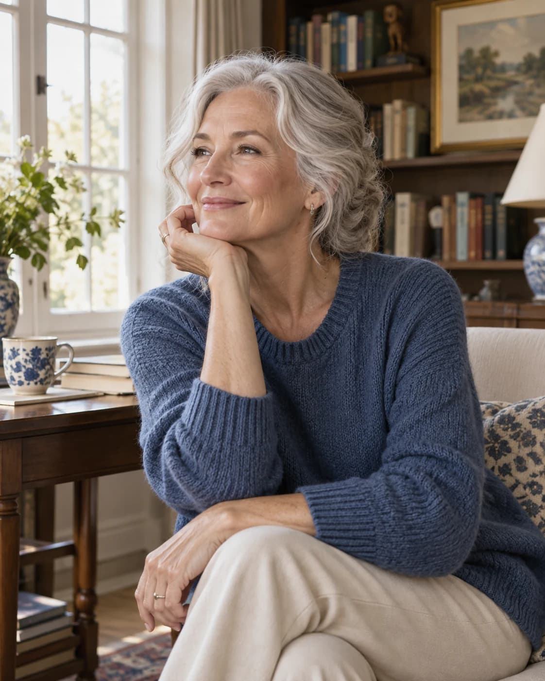 an older woman with silver hair in a sunlit reading room, a waist-up three-quarter portrait with soft side window light