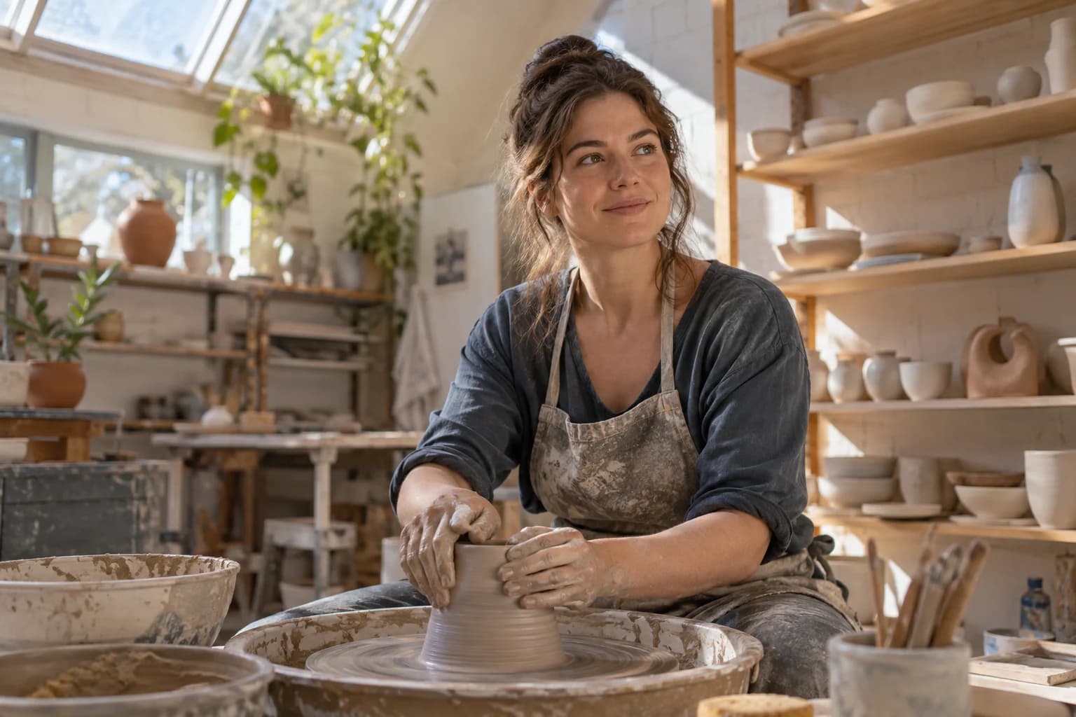a ceramicist in a sunlit studio with wheel, shelves, and drying clay forms, a seated three-quarter portrait beside the wheel with soft north-facing window light