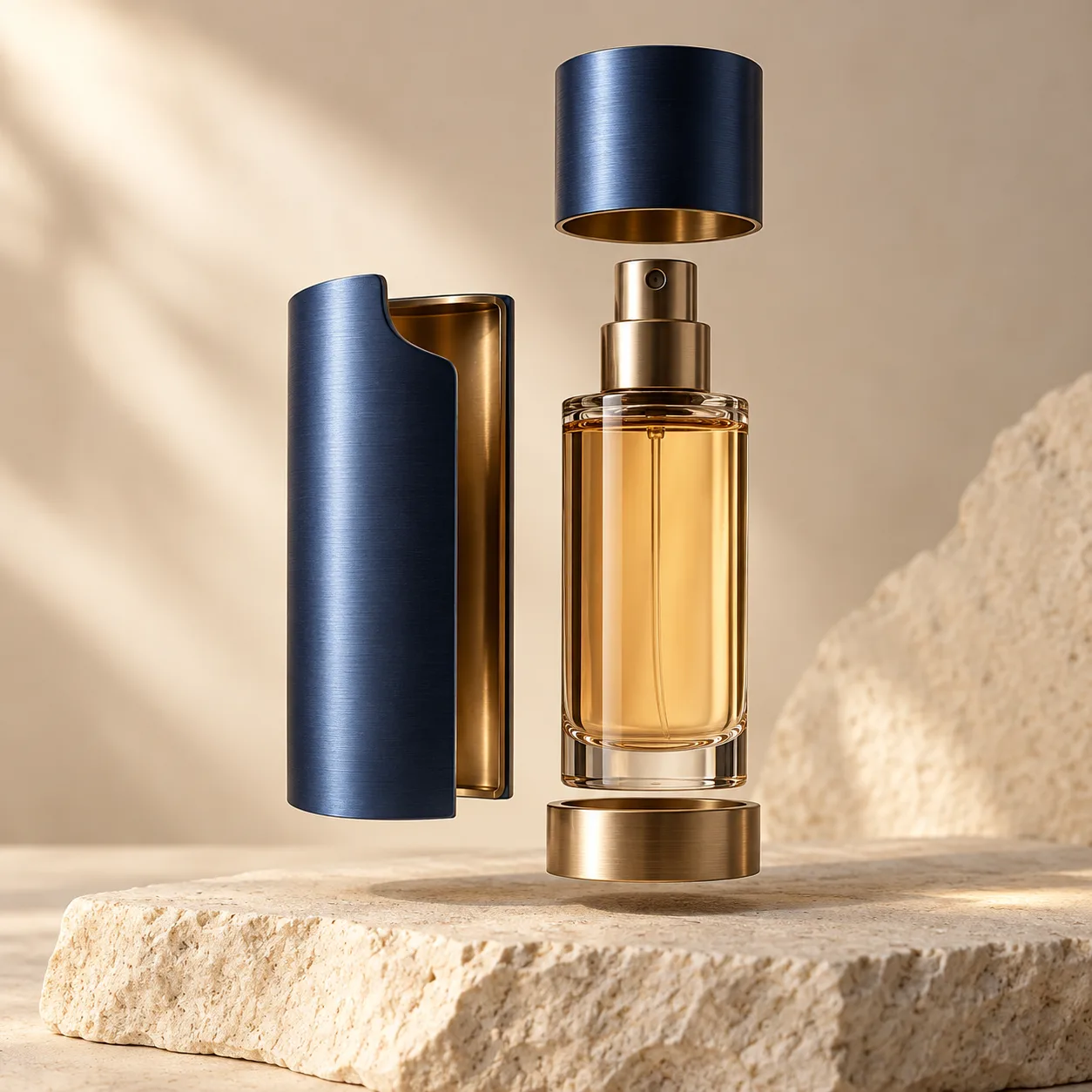 a refillable fragrance bottle with removable outer shell in pale limestone, quiet warm studio