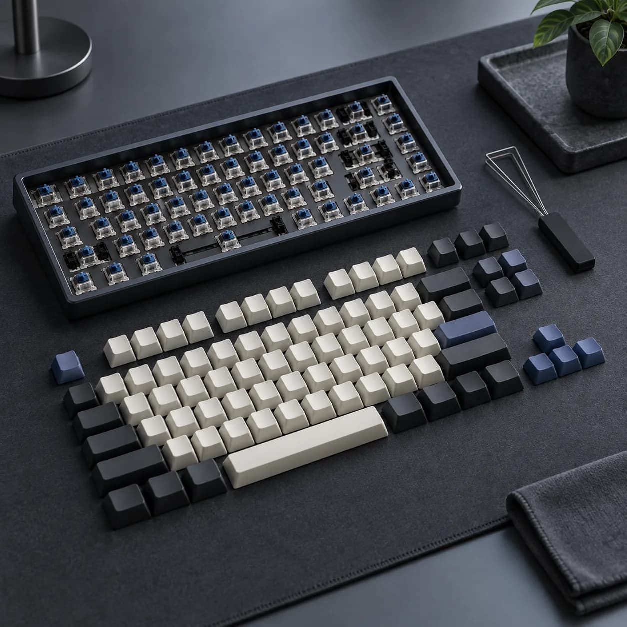 a compact mechanical keyboard in graphite desk mat, minimal workbench