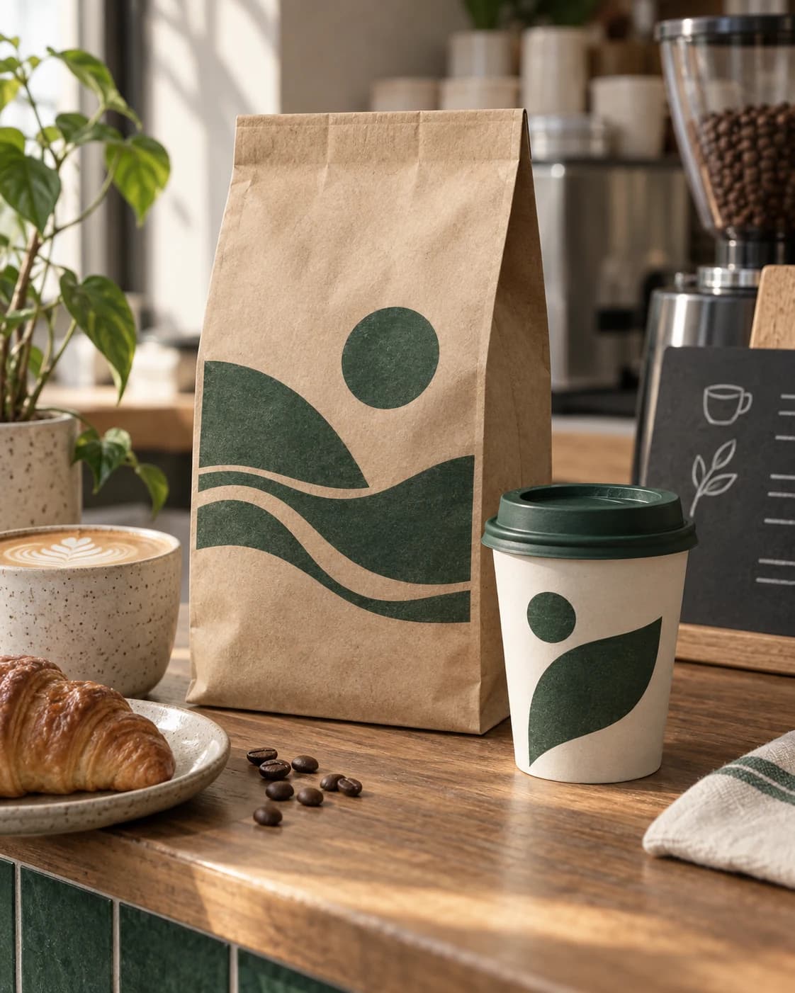 recycled paper coffee packaging in a café counter still life, a three-quarter tabletop mockup view with soft morning window light