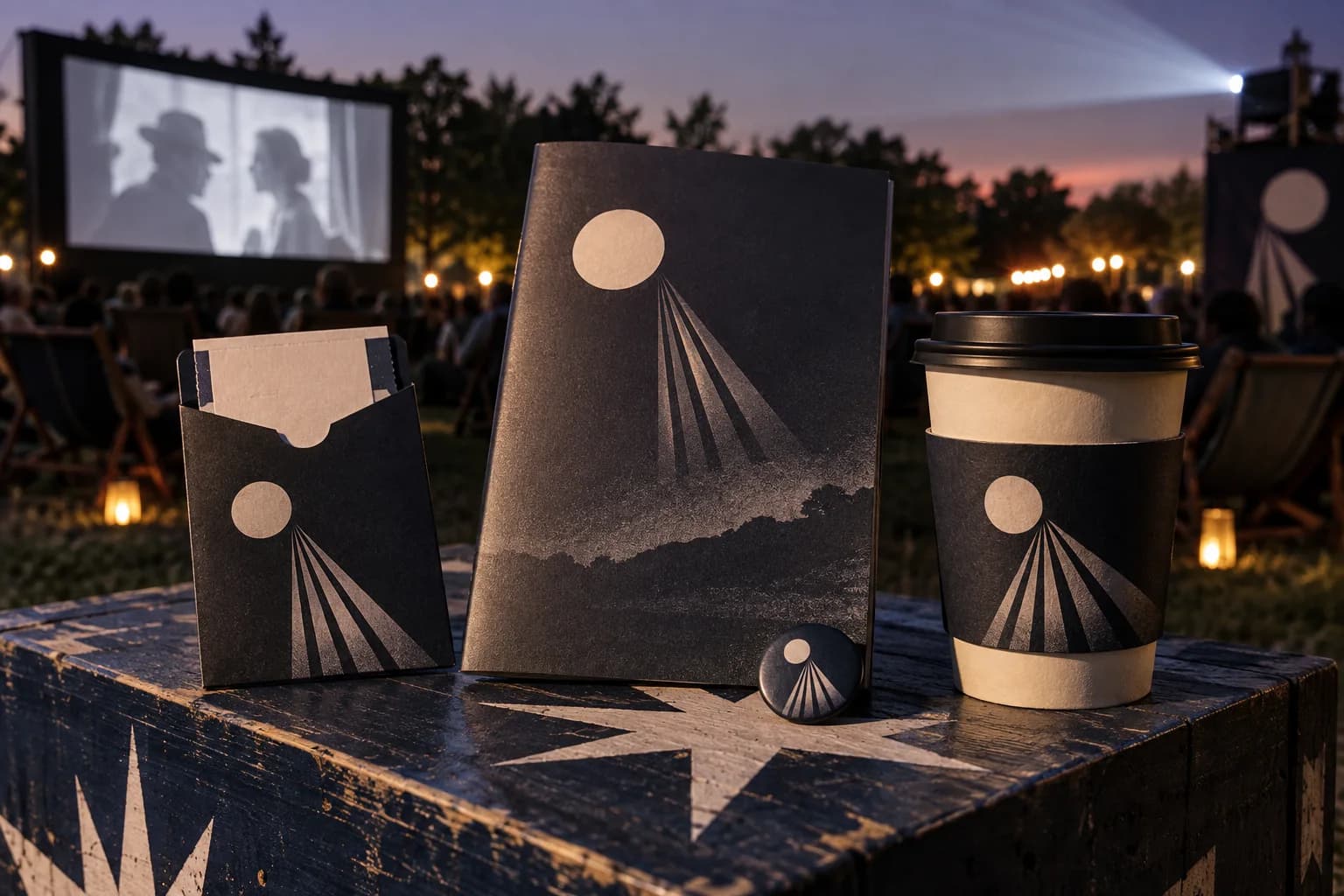 a nocturnal garden festival identity; wristbands, seed packets, and lantern sleeves; an evening garden walk