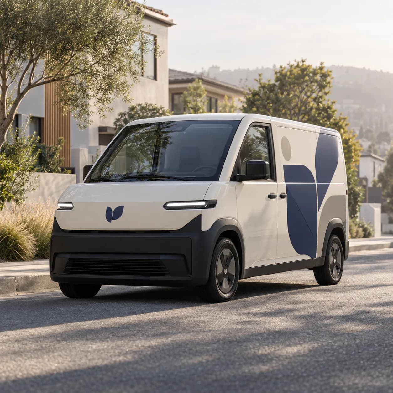 a neighborhood delivery identity system in a compact electric cargo van, a quiet residential street