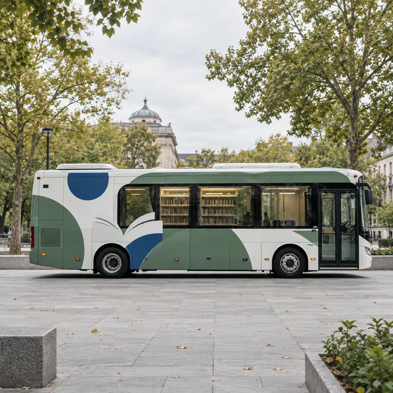 a mobile library identity system in a small city bus, a tree-lined civic square