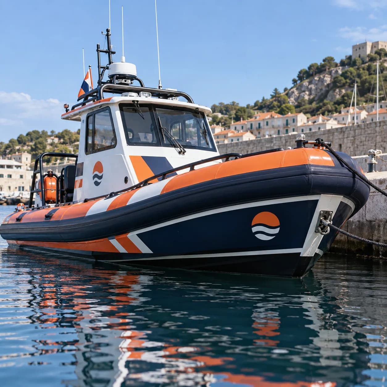 a coastal rescue identity system in a rigid inflatable boat, a calm harbor slip