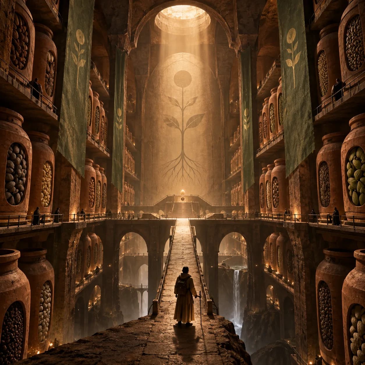 a subterranean seed library in warm dust in still air, deep axial perspective