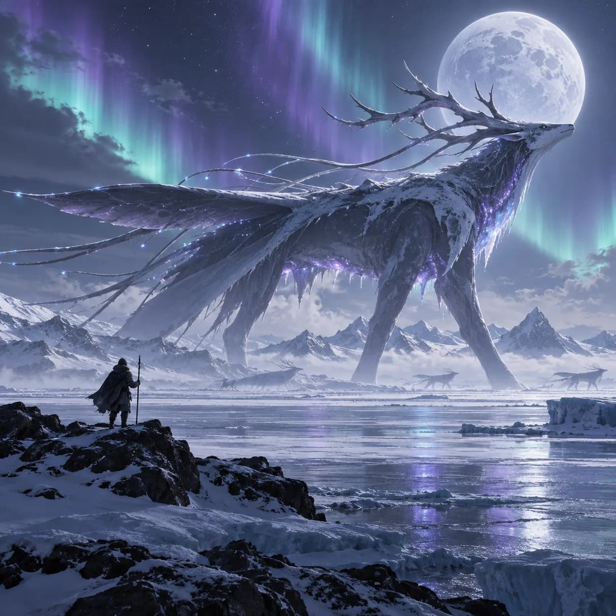 a migratory observatory creature in quiet polar wind and luminous sky, wide silhouette against horizon