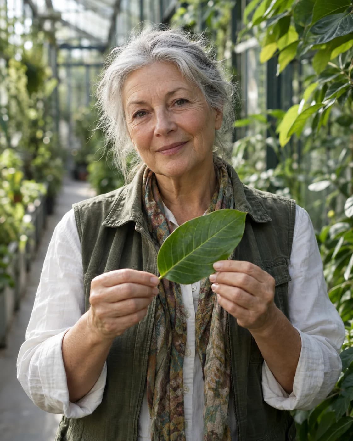 an older botanist; holding a delicate fern leaf; a humid glasshouse