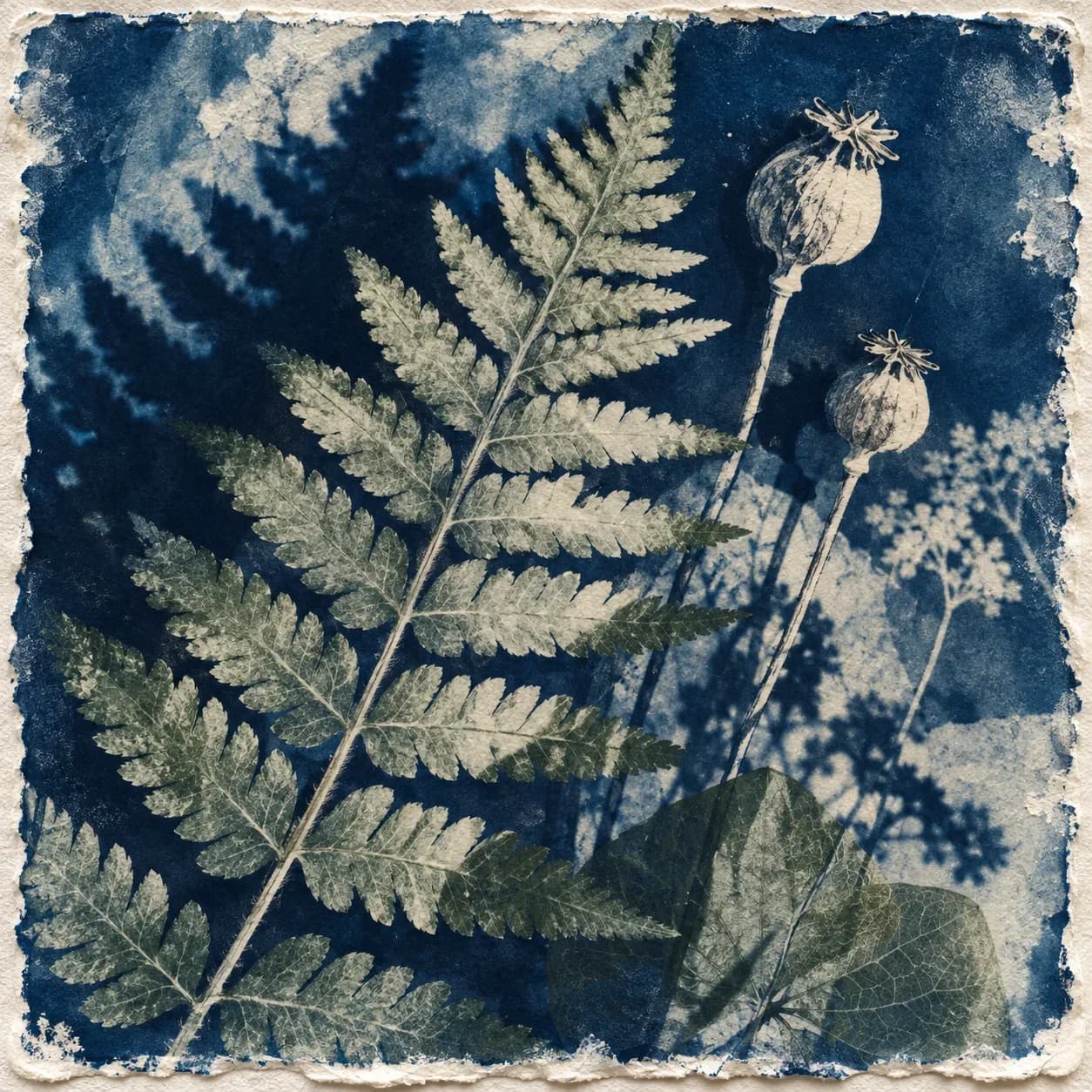 Fern frond and seed head in a blue botanical photogram on cotton paper