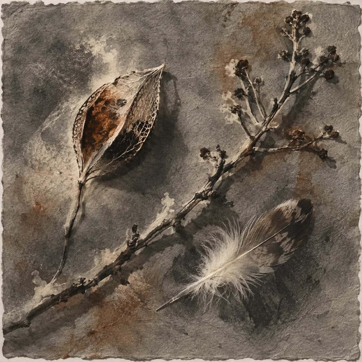 Magnolia leaf and stones in a handmade anthotype botanical print