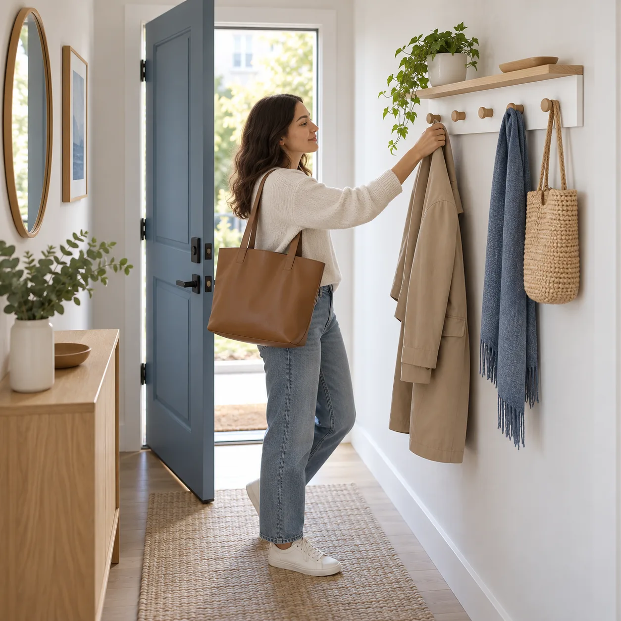 a slim wall-mounted coat rack in a narrow apartment entry, a guest arriving home