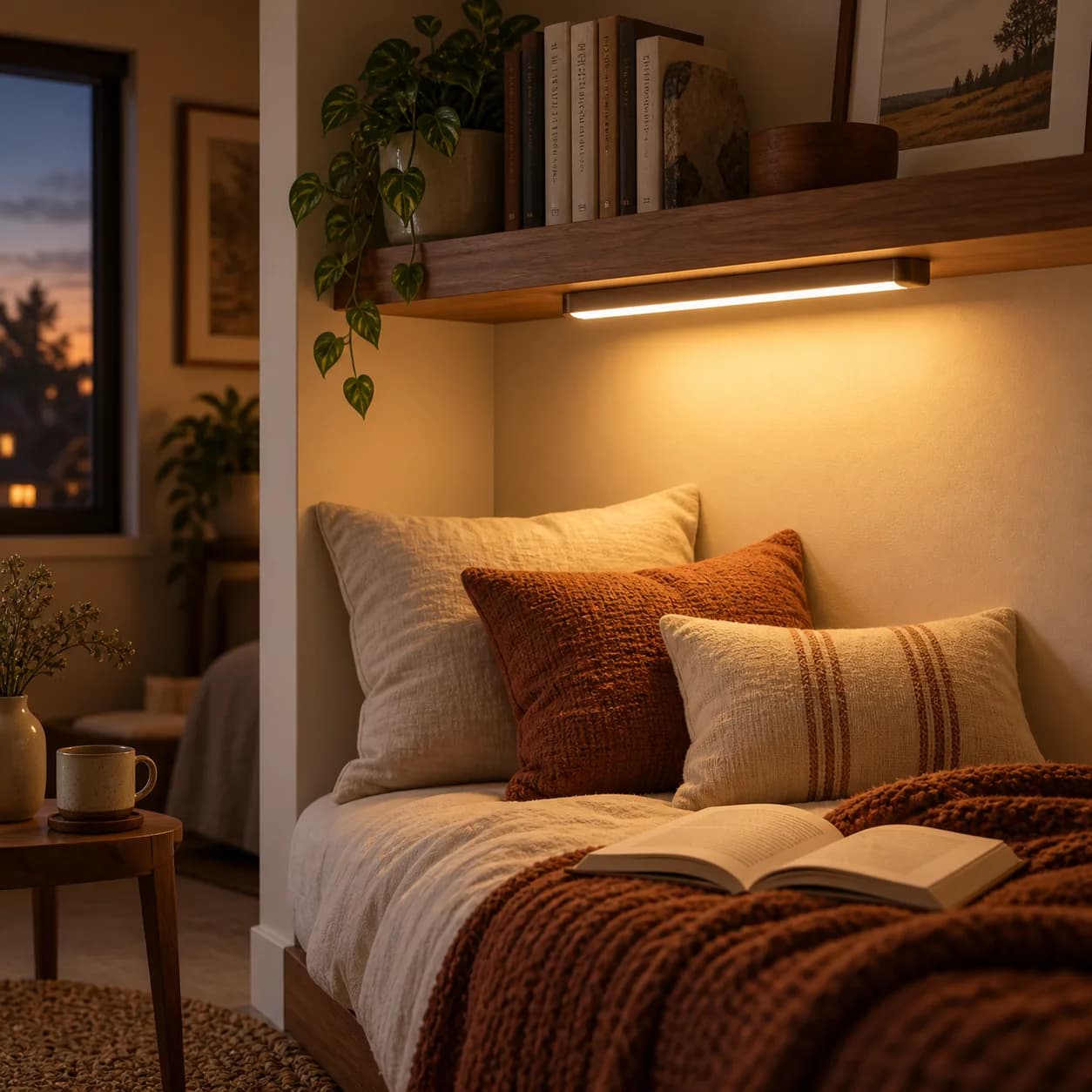a compact under-shelf reading light in a small bedroom nook, an evening reading setup