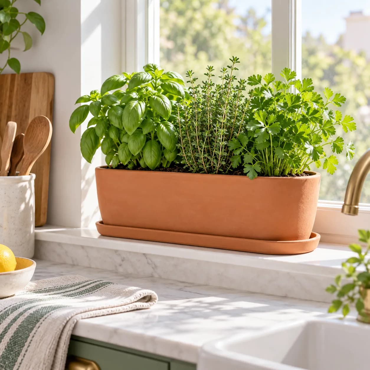 a ceramic herb planter in a bright kitchen windowsill, fresh herbs growing indoors