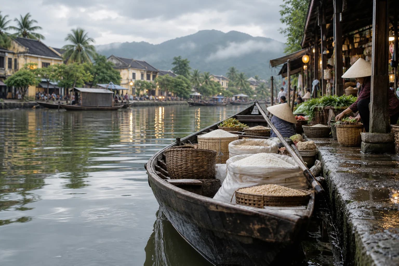 a riverside produce market; misty early morning; a tropical old town