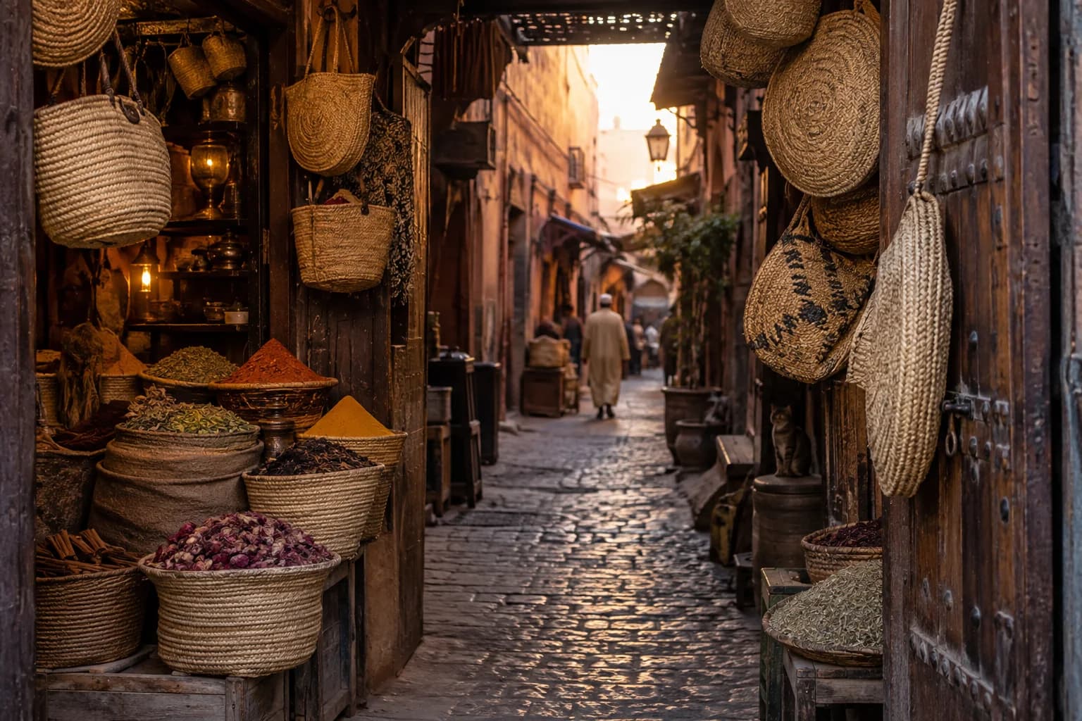 a woven goods alley opening; sunrise through narrow roofs; a desert-edge trading town