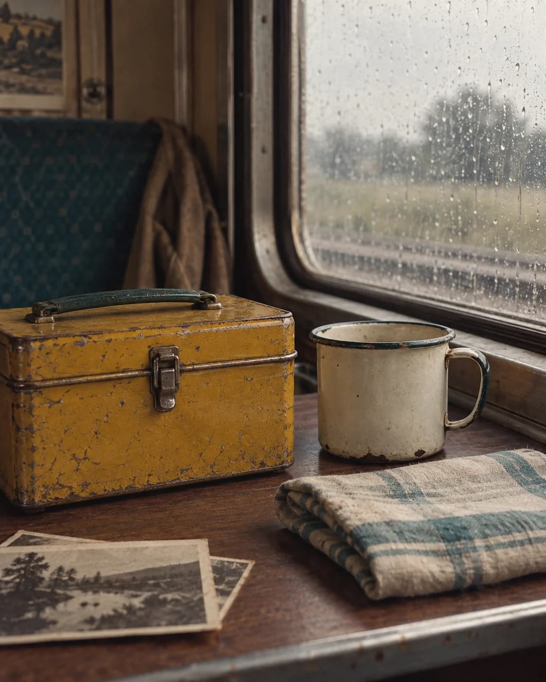 a tin lunchbox, abstract postcard shapes, and a wool scarf in a modest 1960s hallway console, a close still life with objects arranged like a returned journey with dusty afternoon window light