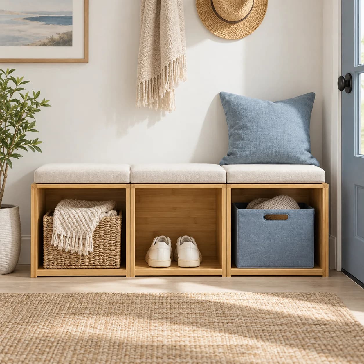 a low cube storage system; three cubbies under a bench; a calm family entryway