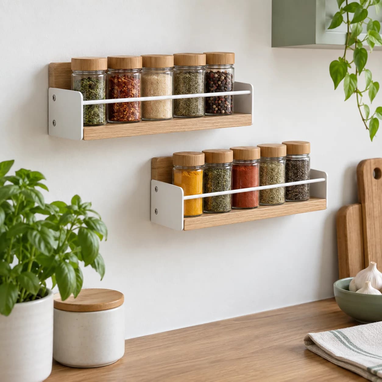 floating metal wall shelves; an offset pair above a desk; a compact home office