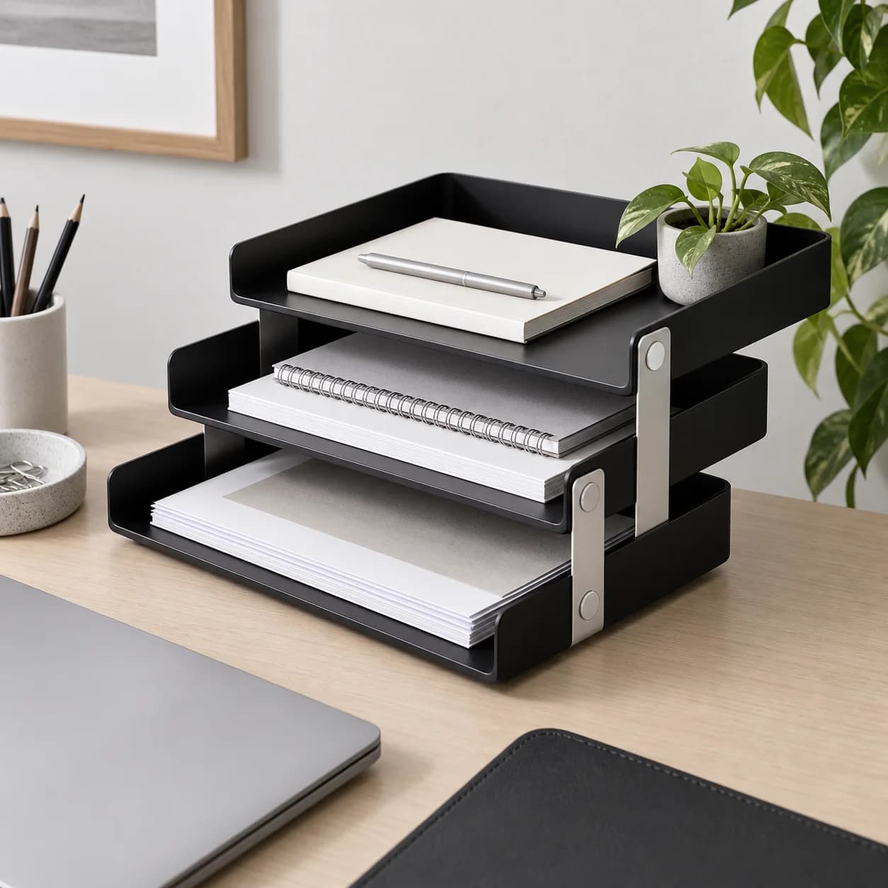 a stackable document tray; four aligned tiers; a minimal workstation