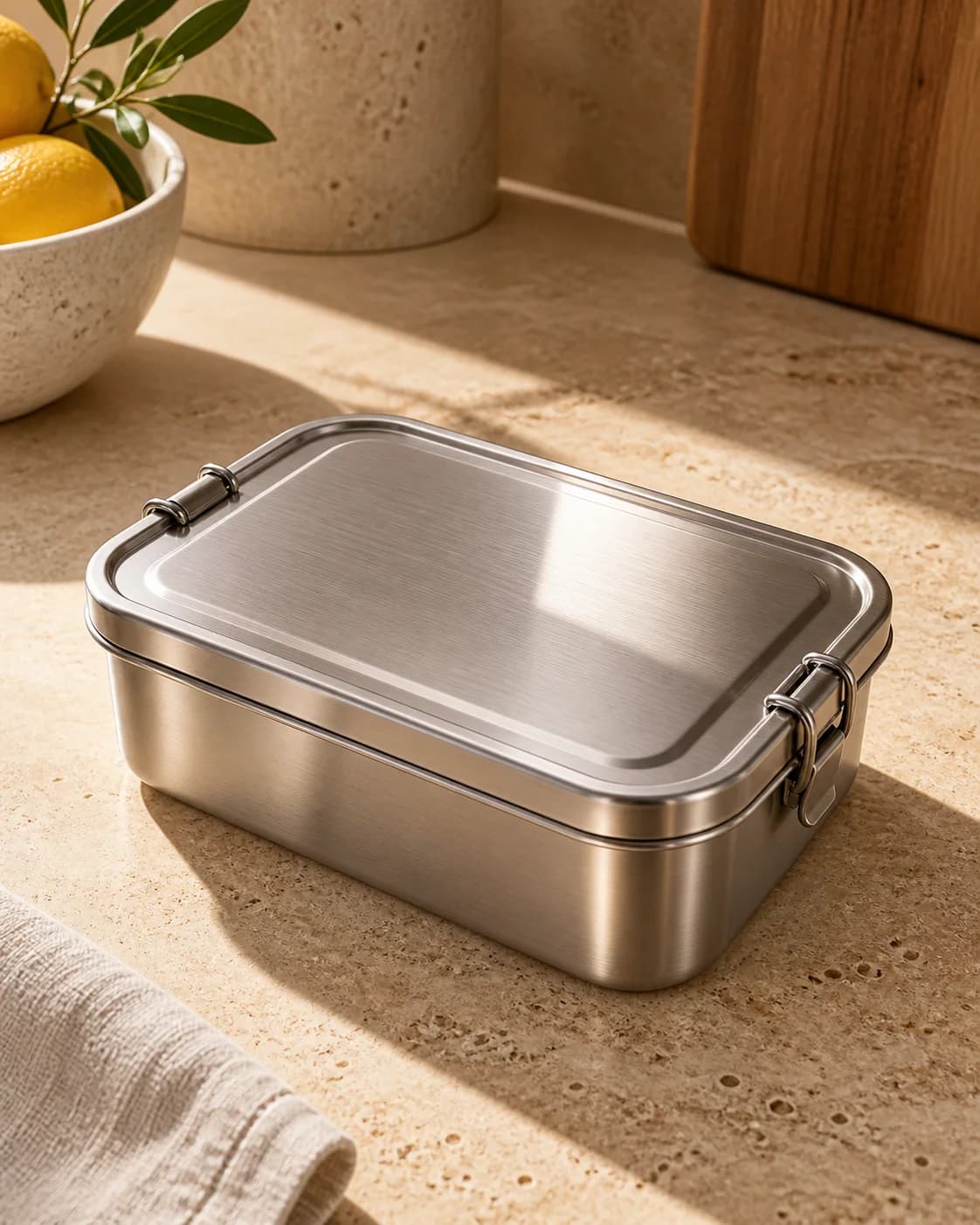 a brushed steel lunch container; a soft amber spectral band; warm travertine