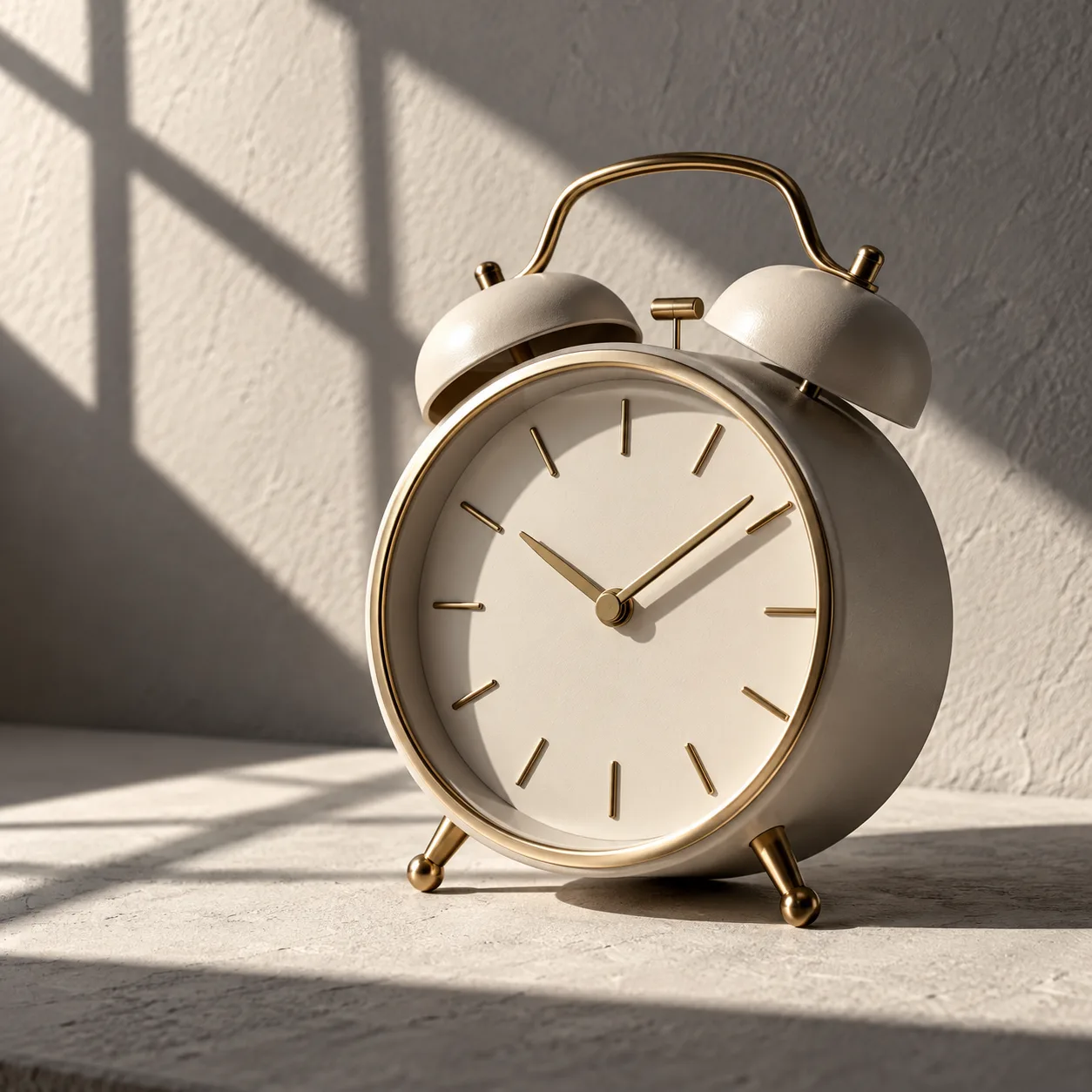 an unbranded analog alarm clock in a diagonal window-grid shadow, matte plaster