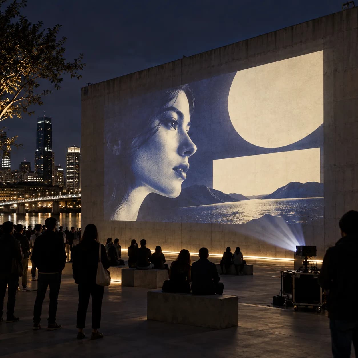a nighttime cinema campaign in a temporary concrete wall, an empty courtyard