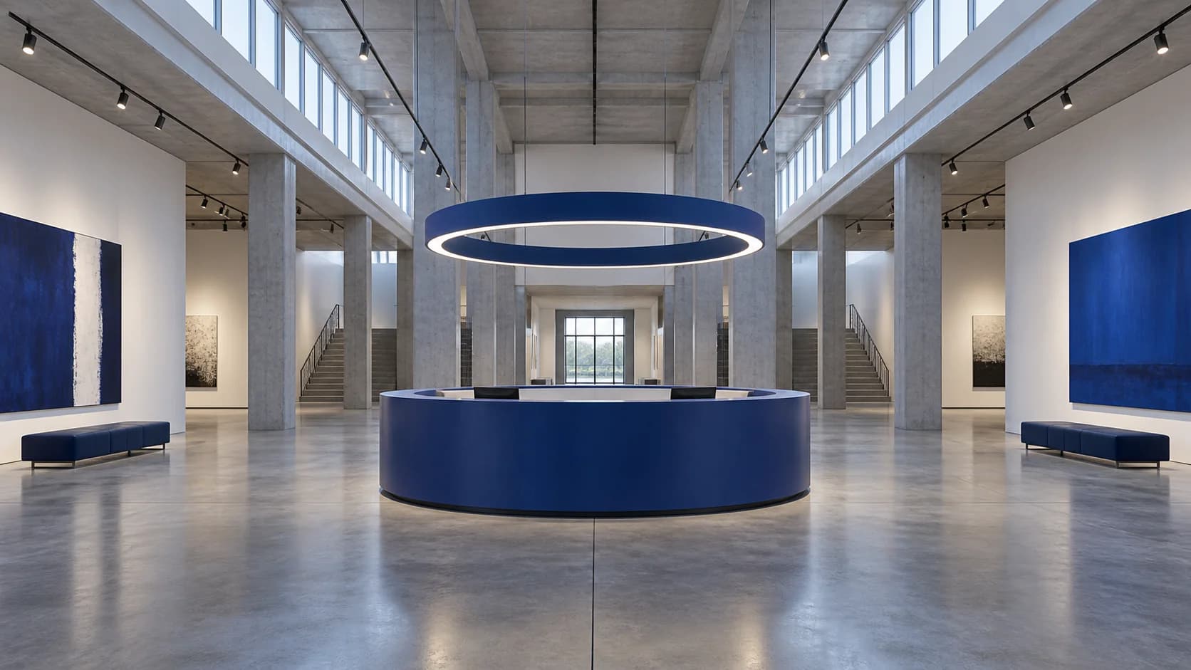 a contemporary museum foyer; a cobalt circular information desk; a white civic gallery