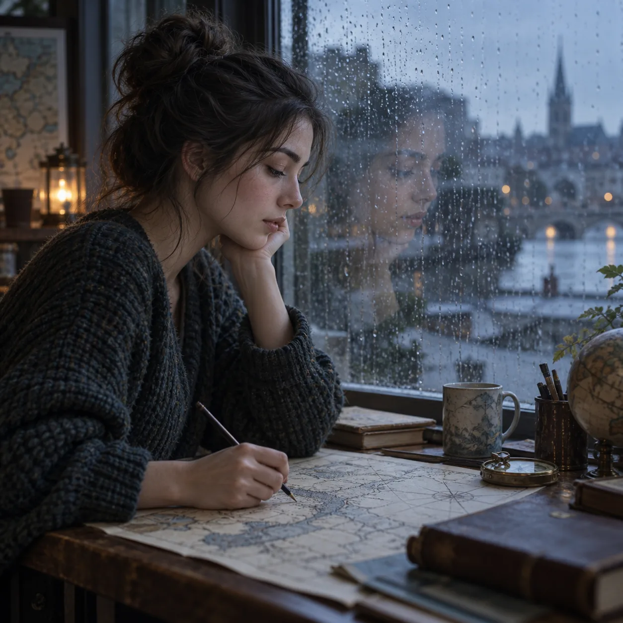 a young cartographer in a rain-speckled window, a dim map room