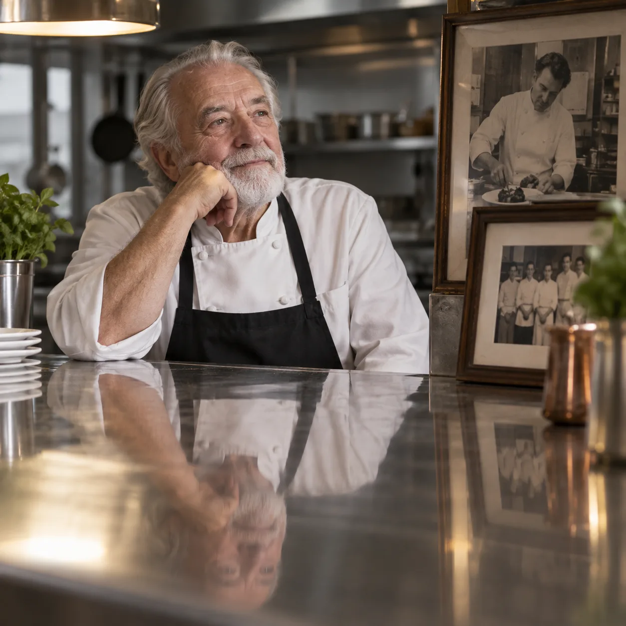 a retired chef in a polished stainless counter, an empty teaching kitchen