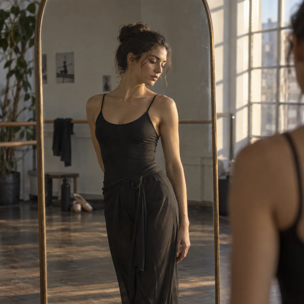 a contemporary dancer in a tall studio mirror, an empty rehearsal hall