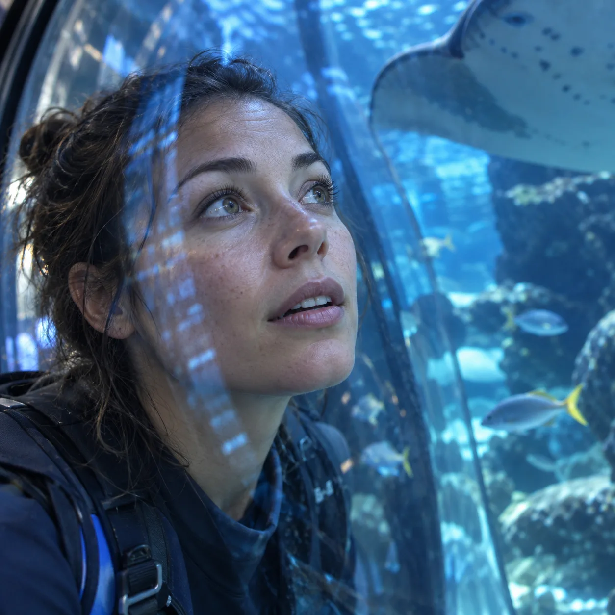 a marine researcher in a curved aquarium glass, a dark observation room
