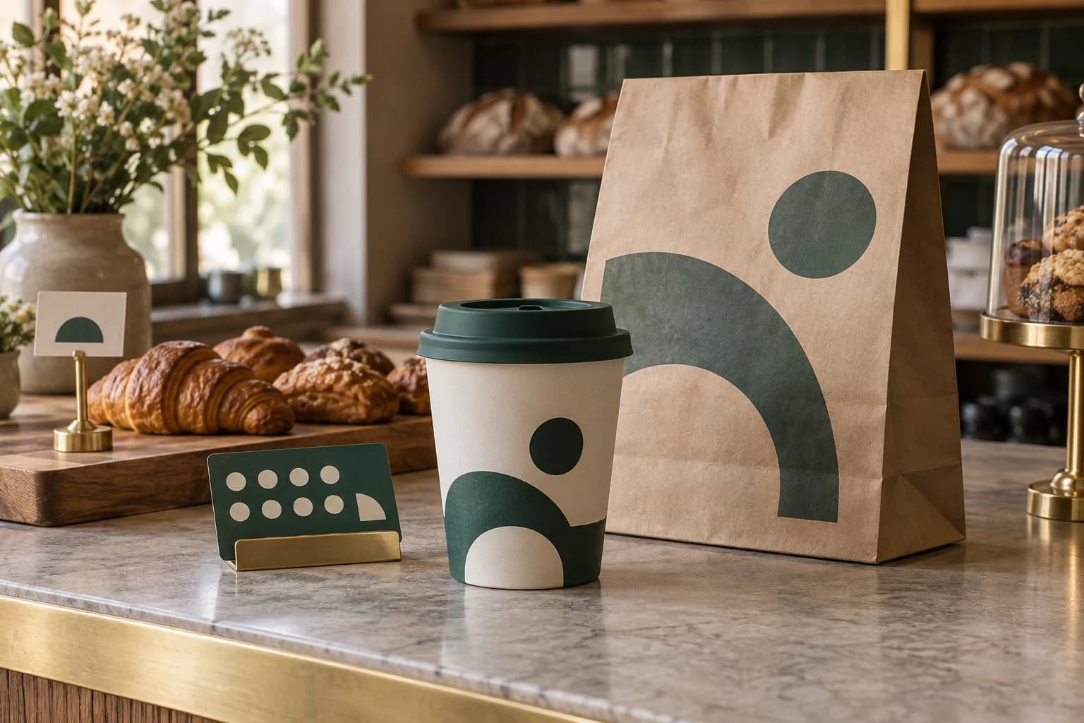 paper bag, cup, receipt holder, and shelf card in a compact specialty tea shop counter, a three-quarter counter vignette with all touchpoints connected with soft morning window light